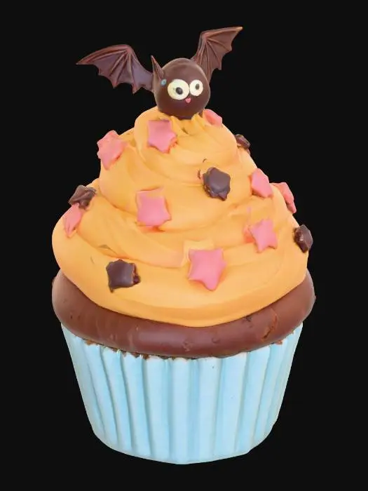 3D model for #food#, create a cartoon cupcake with a light-blue ribbed, cylindrical base, topped with orange icing, chocolate stars and heart shaped red decorations, and a bat-shaped topper out of brown nougat., #food#