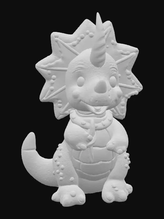 3D model for Design a cute Gingerbread baby triceratops. Intricate frosting details cover its body, showcasing elegant holiday patterns. Render in ultra 8K, capturing candy textures and imposing design. Unreal Engine-ready, holiday fantasy masterpiece, #ChristmasAdventure#