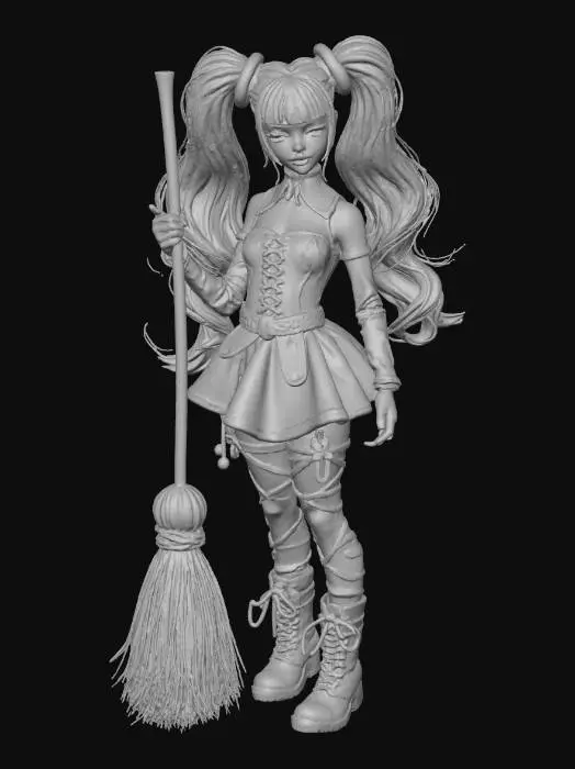 3D model for female Gothic Halloween Sorceress action figure, in classic-style oblong box, box has clear plastic front with colorful graphics, character design, great elegance, twin pick tail orange-red hair, full well defined body and facial features,broom,skirt and boots punk-style, high-detailed, #Halloween2025#