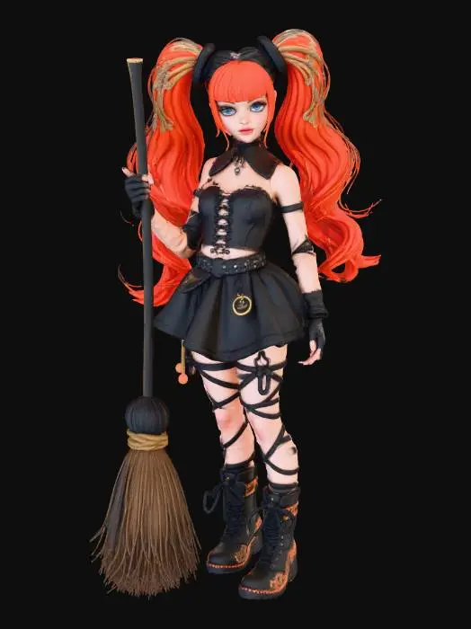 3D model for female Gothic Halloween Sorceress action figure, in classic-style oblong box, box has clear plastic front with colorful graphics, character design, great elegance, twin pick tail orange-red hair, full well defined body and facial features,broom,skirt and boots punk-style, high-detailed, #Halloween2025#