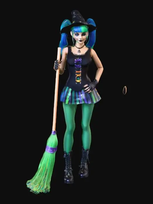 3D model for #Halloween2025#, female teen punk witch Halloween Style figure, in classic-style oblong box, box has clear plastic front with colorful graphics, character design, great elegance, ponytail blue to green blended hair, full well defined body and facial features,great elegance,she got a broom in one hand,wearing a skirt and plated boots punk-style, high-detailed., #Halloween2025#