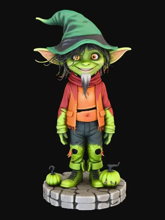 3D model for #Halloween2025#, semi ralistic tabletop miniatur ,halloween style goblin ,detailed,standing full size on a round cobblestone base.