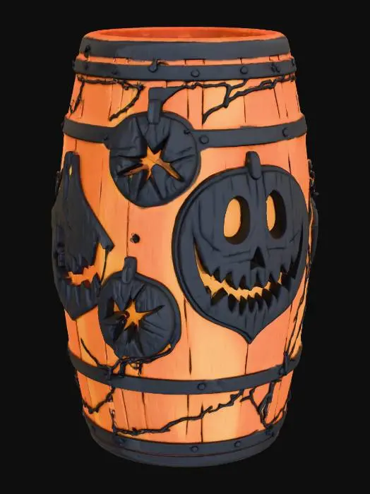 3D model for #Halloween2025#, Wine barrel Halloween style ,hand carved , detailed masterpiece.