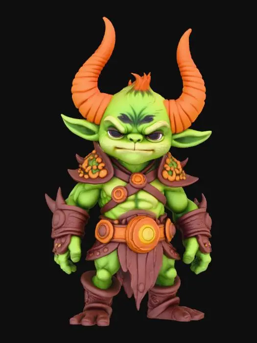 3D model for masterpiece, low-poly, mysterious ,mystical stylized, ogre warrior with tubular shapes huge, chibi style, legendary funny game style vivid colors, Unique Original Shape ,Weak, simple equipment,3d printable.