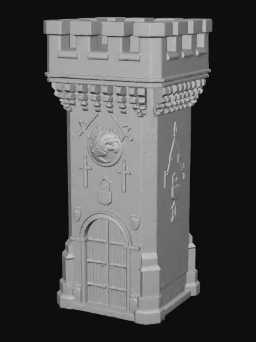 3D model for Eine imposanter Festungsturm aus rotem Sandstein, massiver Aufbau, dessen Oberfläche von groben, hellen Rissen durchzogen ist, die eine Marmor ähnliche Textur erzeugen und das Material alt und verwittert erscheinen lassen. Die Mauerkrone ist mit Zinnen bestückt. Massives Holztor mit Metallfassung. Die Wand ist mit Reliefs verziert, darunter ein großes, rundes Schild mit einem detaillierten Drachenkopf und vertikal angebrachten Schwertern, sowie weitere Wappen und Runen.