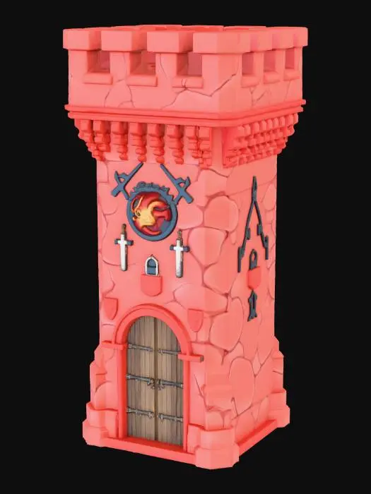 3D model for Eine imposanter Festungsturm aus rotem Sandstein, massiver Aufbau, dessen Oberfläche von groben, hellen Rissen durchzogen ist, die eine Marmor ähnliche Textur erzeugen und das Material alt und verwittert erscheinen lassen. Die Mauerkrone ist mit Zinnen bestückt. Massives Holztor mit Metallfassung. Die Wand ist mit Reliefs verziert, darunter ein großes, rundes Schild mit einem detaillierten Drachenkopf und vertikal angebrachten Schwertern, sowie weitere Wappen und Runen.