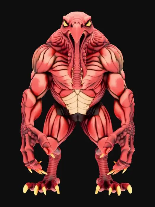 3D model for create a scary turkey monster creature, #Thanksgiving#, TTRPG Style,use lots of mussels, angry face.