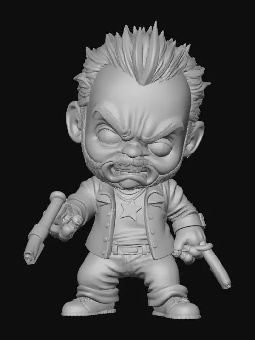 3D model for Billy Bob Thornton. Holding a weapon. Fierce expression. Fighting pose. Chibi art style. Sculpted detail. Highly detailed.good thick features.  Include bold, recessed features with a slight depth. Maintain sharp, clean lines. Embossed features rising above the surface. Recess etched details least some deep for clarity. DND. TTRPG. Miniature.Use Vallejo Game Colors