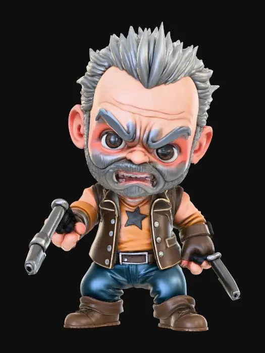 3D model for Billy Bob Thornton. Holding a weapon. Fierce expression. Fighting pose. Chibi art style. Sculpted detail. Highly detailed.good thick features.  Include bold, recessed features with a slight depth. Maintain sharp, clean lines. Embossed features rising above the surface. Recess etched details least some deep for clarity. DND. TTRPG. Miniature.Use Vallejo Game Colors