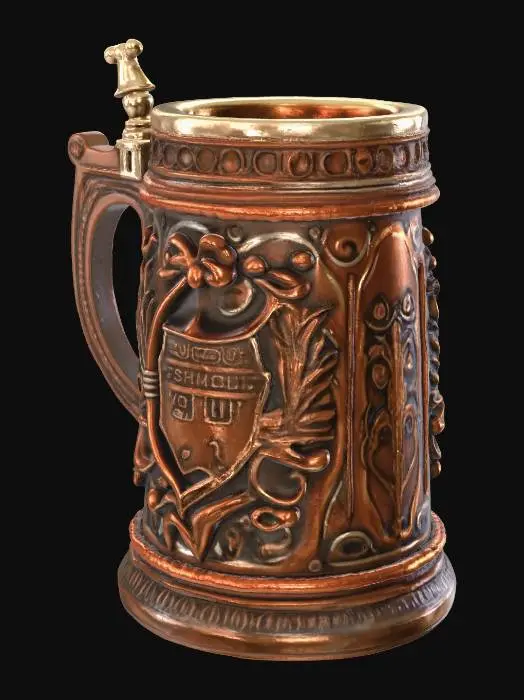 3D model for a stylized wooden German Oak Beer Mug ,open top, with ornament around the top and Bottom  add shield like  crests on side and front. ready for 3D printing.