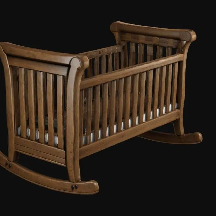 3D model for Ultra-Realistic,Create a rectangular rocking crib made of aged oak wood,realism.Detailed mesh, high resolution, deeply carved textures. natural realistic colors. distressed textures, Best quality, Well-lit, #ChristmasAdventure#, 