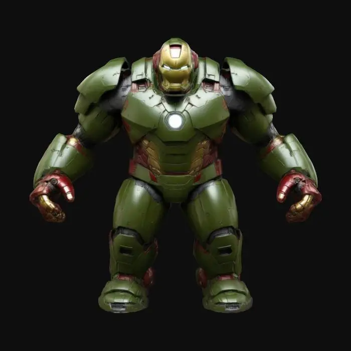3D model for ultra-realistic.create a fantastic Iron man Hulk Buster.Wearing army green color armor. Large helmet.Ensure a muscular appearance.Well-lit.very High stylized. Ensure all walls and features are at least 2mm thick. Include bold, recessed features with a depth of at least 2mm. Maintain sharp, clean lines. Embossed features to rise at least 2mm above the surface. Recess etched details at least 2mm deep for clarity.