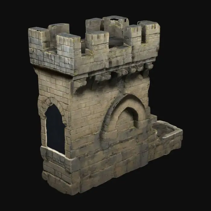 3D model for create a wall segment of a British Knight castle with battlements .ruined.weathered .add a loophole.