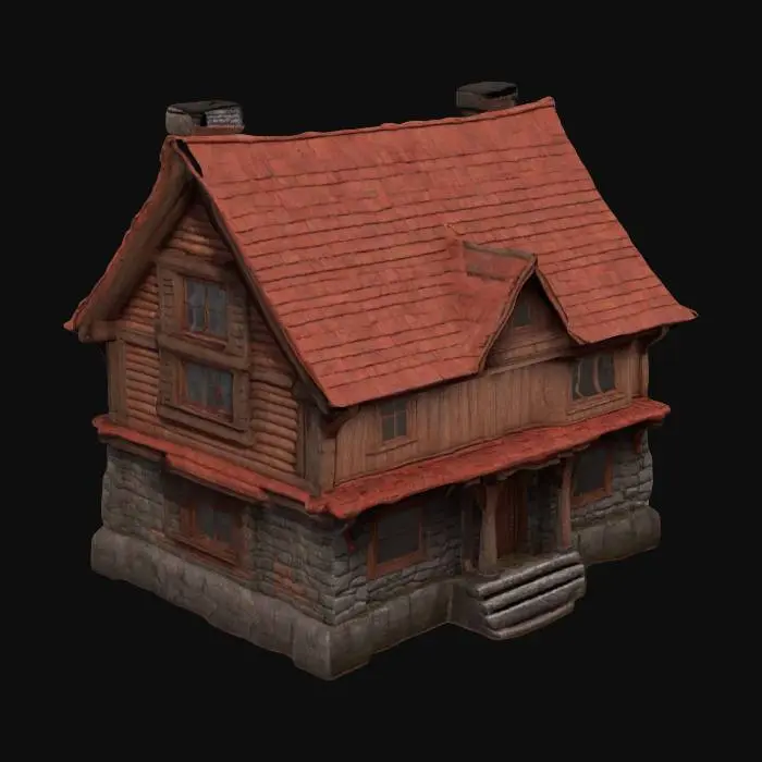 3D model for create a ultra-realistic. Square RPG fantasy house,wood Facade,roof tiles,rough Stone walls, pipes, Highly Detailed. Game Assets.Ensure all walls and features are very thick. Include bold, recessed features with a huge depth. Maintain sharp, clean lines. Embossed features to rise high above the surface. Recess etched details very deep for clarity.