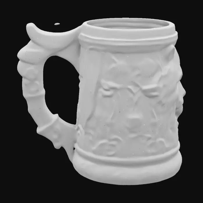3D model for Wooden German Beer Mug . Sculpted bear face. "Hieronymus Bosch" art style. hand-carved. high-detailed. high-resolution. studio-light.