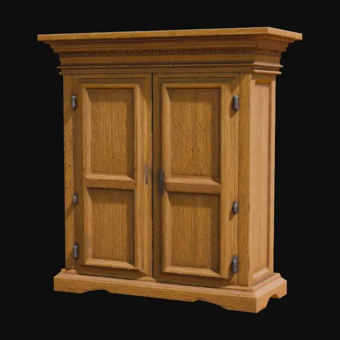 3D model for ultra-realistic, wooden carving of a rough medieval cupboard. Thick lines. Highly stylized, oak, Deeply carved details. clean lines and edges. distressed textures, accurate texture position, Best quality,  high resolution, 8k, ultra-high detailed, well-lit.