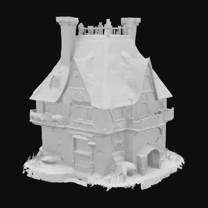 3D model for Cartoon-style. create a magic house with mushroom pattern, giant medieval. use brick and wood.  overall moss covered, vintage, geometrical decoration , tortoiseshell, bio-mechanical.ultra detailed.all the textures are well lit and bright., #game figure#