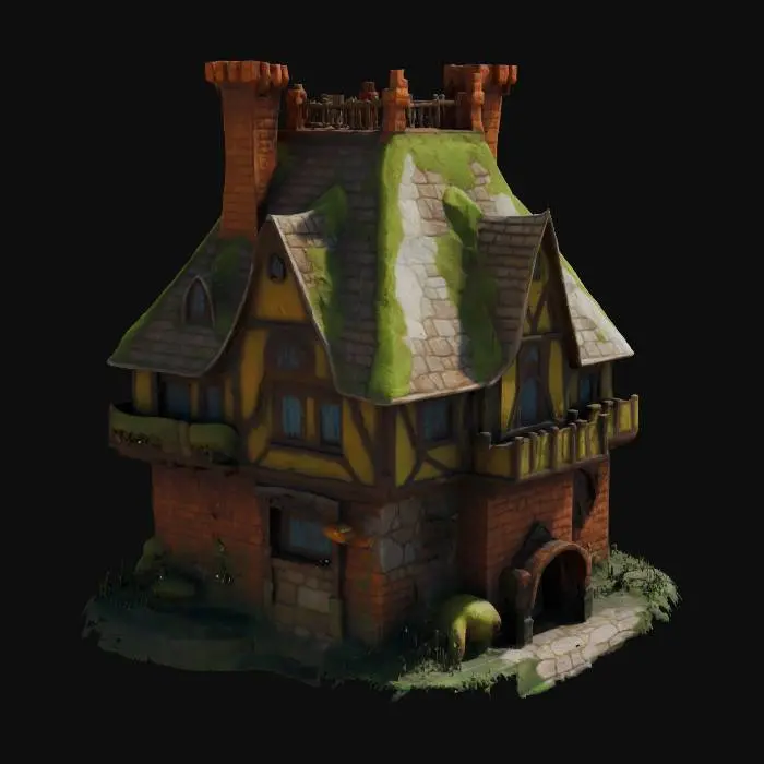 3D model for Cartoon-style. create a magic house with mushroom pattern, giant medieval. use brick and wood.  overall moss covered, vintage, geometrical decoration , tortoiseshell, bio-mechanical.ultra detailed.all the textures are well lit and bright., #game figure#