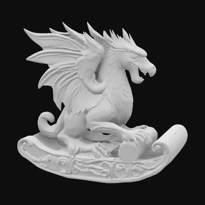 3D model for Ultra-Realistic. Create a masterpiece hand-carved wooden rocking gryphon. Ensure all walls and features are very thick. Include bold, recessed features with a huge depth. Maintain sharp, clean lines. Embossed features to rise high above the surface. Recess etched details very deep for clarity.
