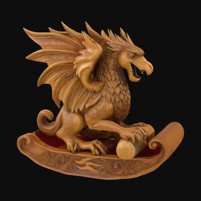 3D model for Ultra-Realistic. Create a masterpiece hand-carved wooden rocking gryphon. Ensure all walls and features are very thick. Include bold, recessed features with a huge depth. Maintain sharp, clean lines. Embossed features to rise high above the surface. Recess etched details very deep for clarity.
