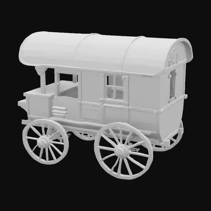 3D model for ultra-realistic, ancient, medieval, handmade, wooden, it is a cart with a rectangular stateroom, four wheeler, arched roof, stylized wagon wheels, detailed, weathered, Texas Style textured surface.