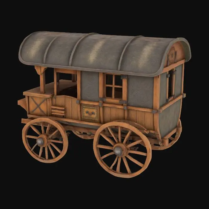 3D model for ultra-realistic, ancient, medieval, handmade, wooden, it is a cart with a rectangular stateroom, four wheeler, arched roof, stylized wagon wheels, detailed, weathered, Texas Style textured surface.