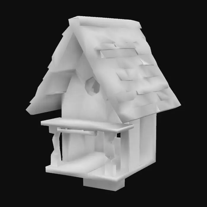 3D model for #garden#, birdhouse with a front porch, #wood#, weathered, well lit, stylized , detailed 