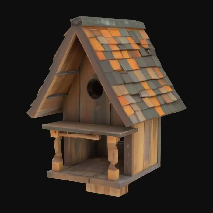 3D model for #garden#, birdhouse with a front porch, #wood#, weathered, well lit, stylized , detailed 