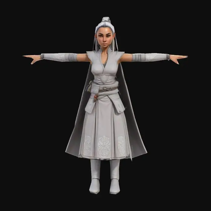 3D model for Art-Style:Dungeons & Dragons, A Female Monk with great Elegance, 3D, Full Body, detailed,Here Hair in a Ponytail, She is wearing a bottom long skirt, light armor,T-Pose,game assets,game ready   