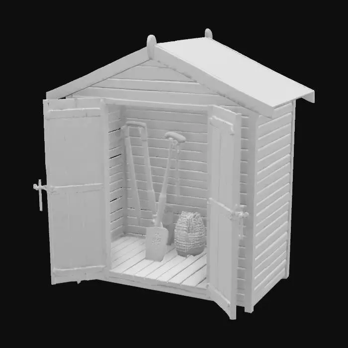 3D model for ultra-realistic, brand new, A wooden #garden# tool shed, detailed , studio-lights,