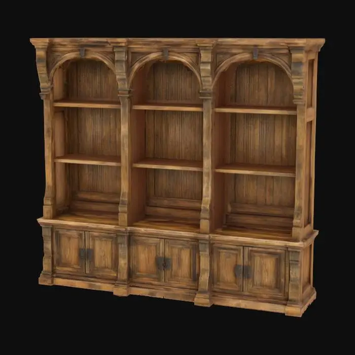 3D model for ultra-realistic. a rustic wooden bookcase made of aged wood. medieval-style. empty shelves. stylized.