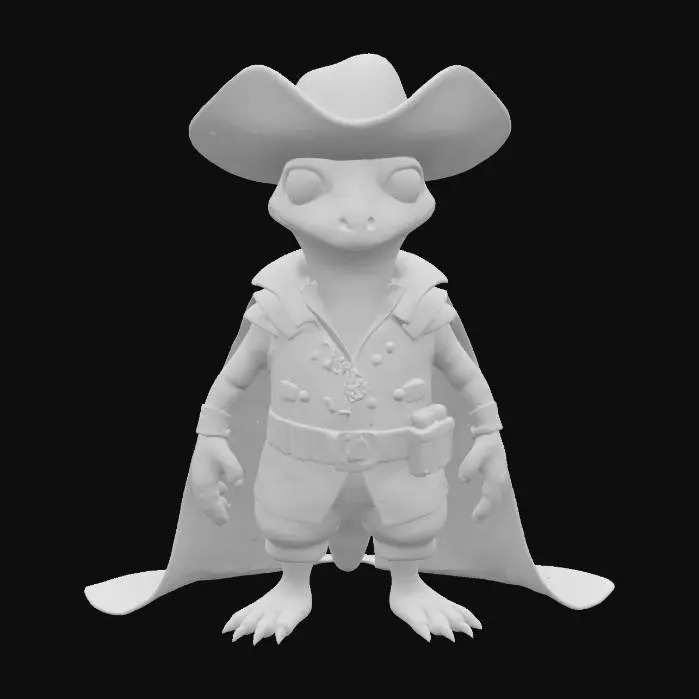 3D model for Art-Style: Pixar, ultra-realistic, all the textures are well lit and bright, ultra cartoonish colors.a salamander animal King. he is wearing Pirat Cloth he got blurred orange skin.ultra detailed .comic style. highly clean stylized look.game assets. ensure solid printable figurine.