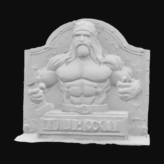 3D model for a gravestone shaped stone relief plaque featuring a detailed, textured depiction of Hulk Hogen from World Championship Wrestling. Known for his flamboyance, massive physique, and his trademark blond horseshoe mustache and bandanas, Hogan was widely regarded as the most recognized wrestling star worldwide. add some small crosses, a set of dumbbells, and the name "HULK HOGAN" inscribed.