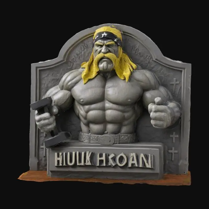 3D model for a gravestone shaped stone relief plaque featuring a detailed, textured depiction of Hulk Hogen from World Championship Wrestling. Known for his flamboyance, massive physique, and his trademark blond horseshoe mustache and bandanas, Hogan was widely regarded as the most recognized wrestling star worldwide. add some small crosses, a set of dumbbells, and the name "HULK HOGAN" inscribed.