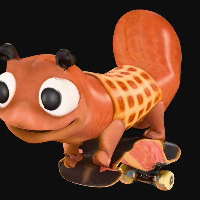 3D model for ultra realistic.a sausage riding on a skateboard . stylized
