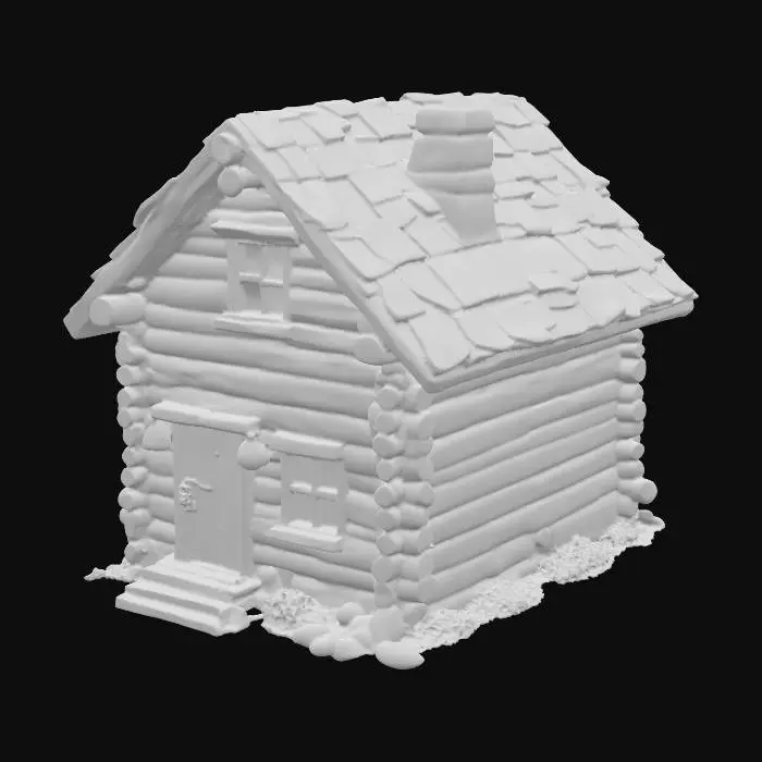 3D model for Eine stilisierte, detailarme Berghütte aus groben Holzstämmen, die eine robuste, blockartige Form aufweist. Die Baumstämme sind horizontal geschichtet, mit leicht unebenen Oberflächen, die eine rustikale Textur andeuten. Die Farbe des Holzes ist ein gedämpftes rotbraun und braun,handbemalt, wenigen Astlöchern. Die Hütte hat ein einfaches nicht überstehendes Giebeldach, das aus schiefer besteht, was ihr ein gemütliches, aber vereinfachtes Aussehen verleiht.