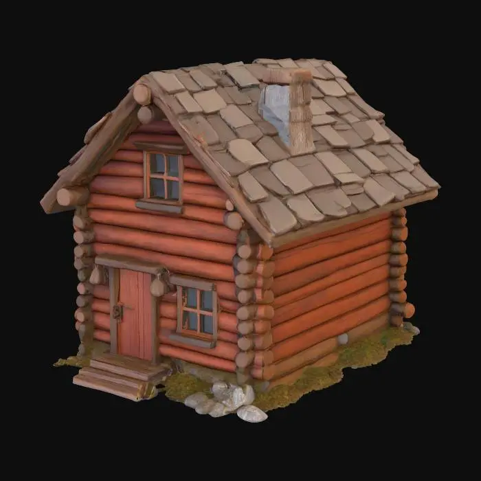 3D model for Eine stilisierte, detailarme Berghütte aus groben Holzstämmen, die eine robuste, blockartige Form aufweist. Die Baumstämme sind horizontal geschichtet, mit leicht unebenen Oberflächen, die eine rustikale Textur andeuten. Die Farbe des Holzes ist ein gedämpftes rotbraun und braun,handbemalt, wenigen Astlöchern. Die Hütte hat ein einfaches nicht überstehendes Giebeldach, das aus schiefer besteht, was ihr ein gemütliches, aber vereinfachtes Aussehen verleiht.