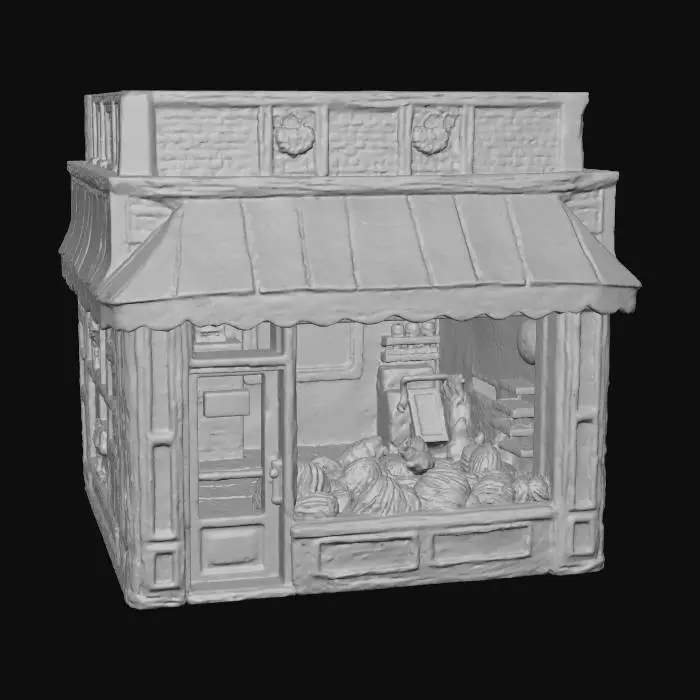 3D model for #Thanksgiving#, generate The front of a Butcher shop with a stylized turkey,standing in front of a Butcher shop,looking towards the window,in the window of the shop is a sign, that says "Today's Special fresh Turkey just in". Comic Style. Medium Polycount.