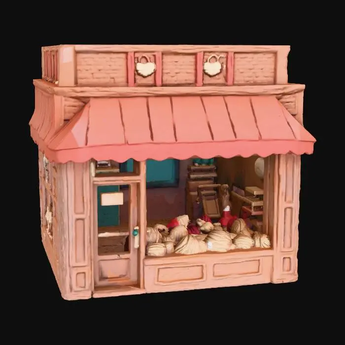 3D model for #Thanksgiving#, generate The front of a Butcher shop with a stylized turkey,standing in front of a Butcher shop,looking towards the window,in the window of the shop is a sign, that says "Today's Special fresh Turkey just in". Comic Style. Medium Polycount.