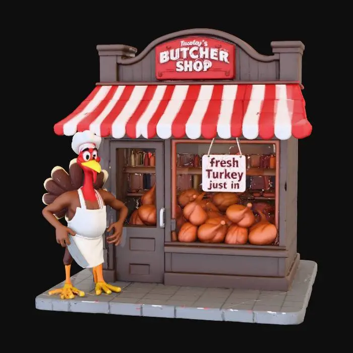 3D model for #Thanksgiving#, Turkey Butcher Shop Irony comic style,pixar colors