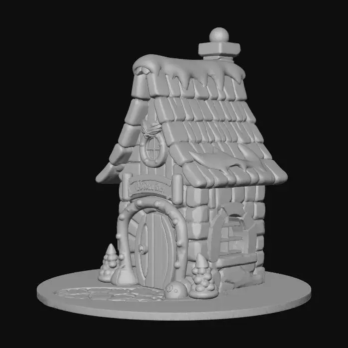 3D model for #Christmas2025#, A stylized 3D model of a santa Xmas Shop,chunky style, 
hand-painted textures, low-poly aesthetic, stone base with a wooden 
door, red shingle roof with some snow islands on Top, soft ambient occlusion 
shadows, miniature Dungeons terrain style, clean geometry,no undercuts,high-quality,octane render,low-Poly-count,20k, game asset.
