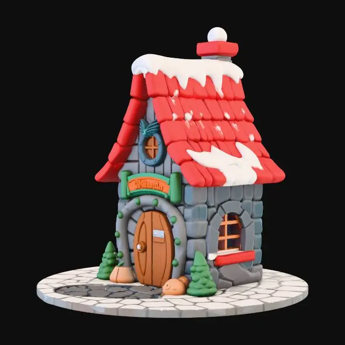 3D model for #Christmas2025#, A stylized 3D model of a santa Xmas Shop,chunky style, 
hand-painted textures, low-poly aesthetic, stone base with a wooden 
door, red shingle roof with some snow islands on Top, soft ambient occlusion 
shadows, miniature Dungeons terrain style, clean geometry,no undercuts,high-quality,octane render,low-Poly-count,20k, game asset.