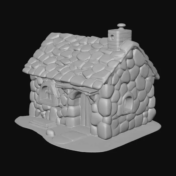 3D model for a game-ready cottage for a dwarf game ,flat roof,no animals,no decoration,natural colors,hand painted, ready for support free 3D-Printing,no overhangs