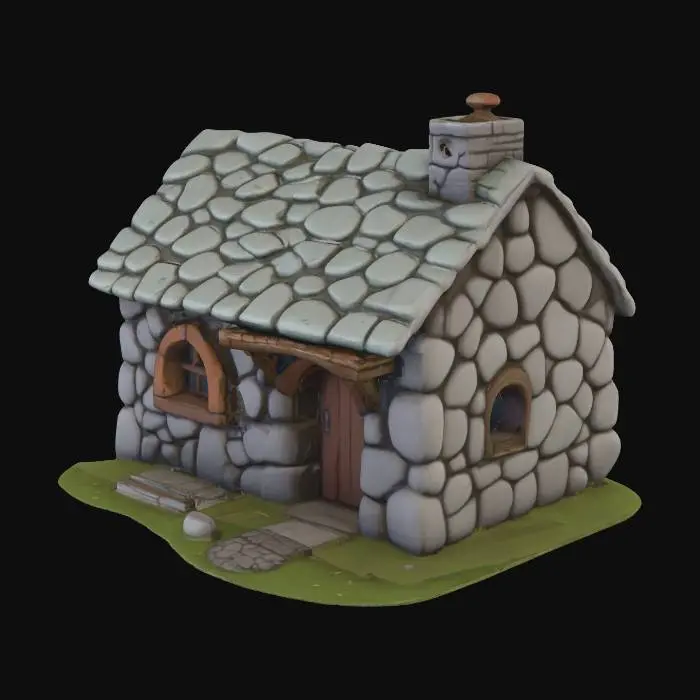 3D model for a game-ready cottage for a dwarf game ,flat roof,no animals,no decoration,natural colors,hand painted, ready for support free 3D-Printing,no overhangs