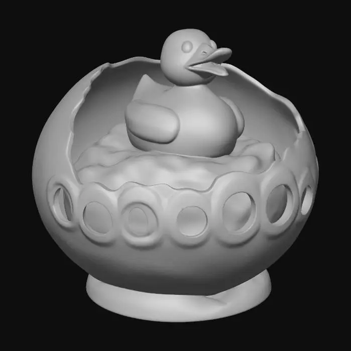3D model for #EasterEgg2026#, ein stilisiertes gänseei,das obere drittel ist mit grossem voronoi loch Muster versehen,wobei die vordere Hälfte entfernt wurde! Im inneren schwimmt eine Gummiente auf dem Wellenförmigen Dotter.detailiert.Die schale hat eine Natürliche grünferbung,Tarnmuster mit kleinen schwarzen und kleineren weisen Punkten.Thick and clean edges.Ensure all walls and features are thick. Include bold, recessed features with a huge depth. Maintain sharp, clean lines. large Embossed features above the surface. Recess etched details very deep for clarity.