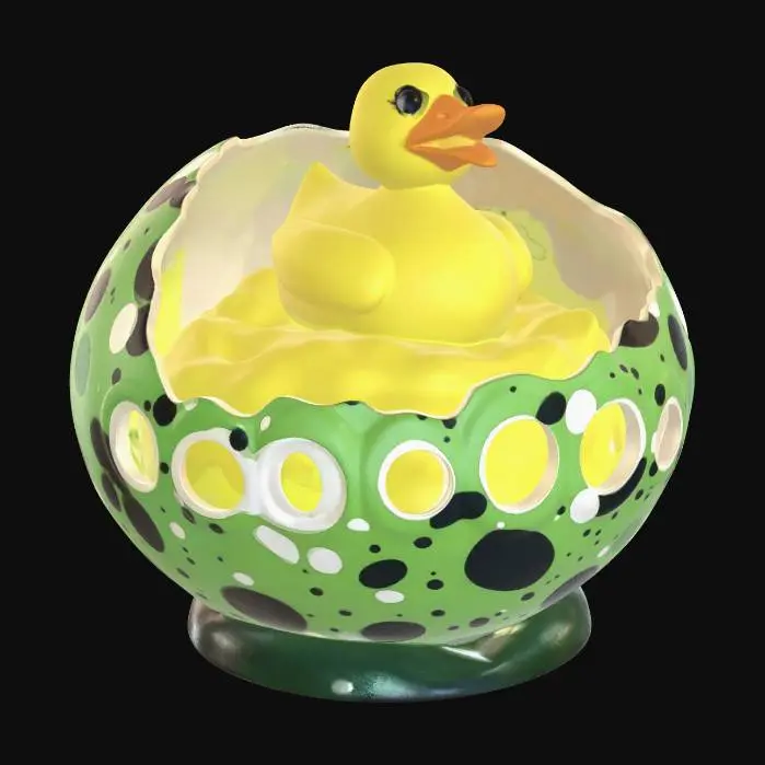 3D model for #EasterEgg2026#, ein stilisiertes gänseei,das obere drittel ist mit grossem voronoi loch Muster versehen,wobei die vordere Hälfte entfernt wurde! Im inneren schwimmt eine Gummiente auf dem Wellenförmigen Dotter.detailiert.Die schale hat eine Natürliche grünferbung,Tarnmuster mit kleinen schwarzen und kleineren weisen Punkten.Thick and clean edges.Ensure all walls and features are thick. Include bold, recessed features with a huge depth. Maintain sharp, clean lines. large Embossed features above the surface. Recess etched details very deep for clarity.