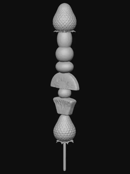 3D model for 一串真实的冰糖葫芦，水果种类繁多，色彩丰富，干净的纯色背景