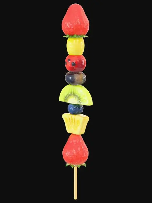 3D model for 一串真实的冰糖葫芦，水果种类繁多，色彩丰富，干净的纯色背景