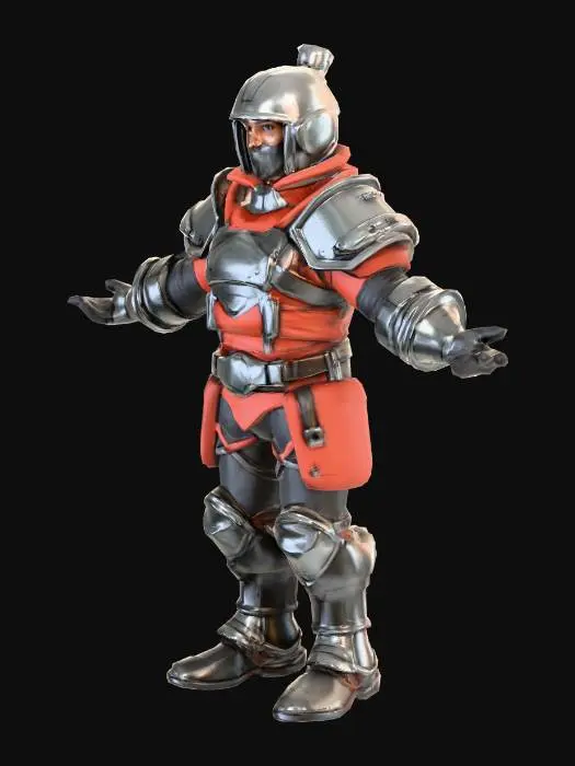 3D model for Stylized low-poly fantasy soldier,
sword and shield,
cartoon game art style,
clean silhouette for top-down RTS camera,
flat colors with soft shading,
game-ready, medium polygon count,
no realism, no high detail