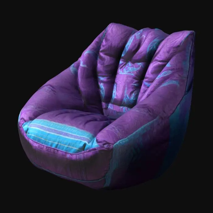 3D model for A retro style bean bag chair with intricate angular design using the colors purple and blue